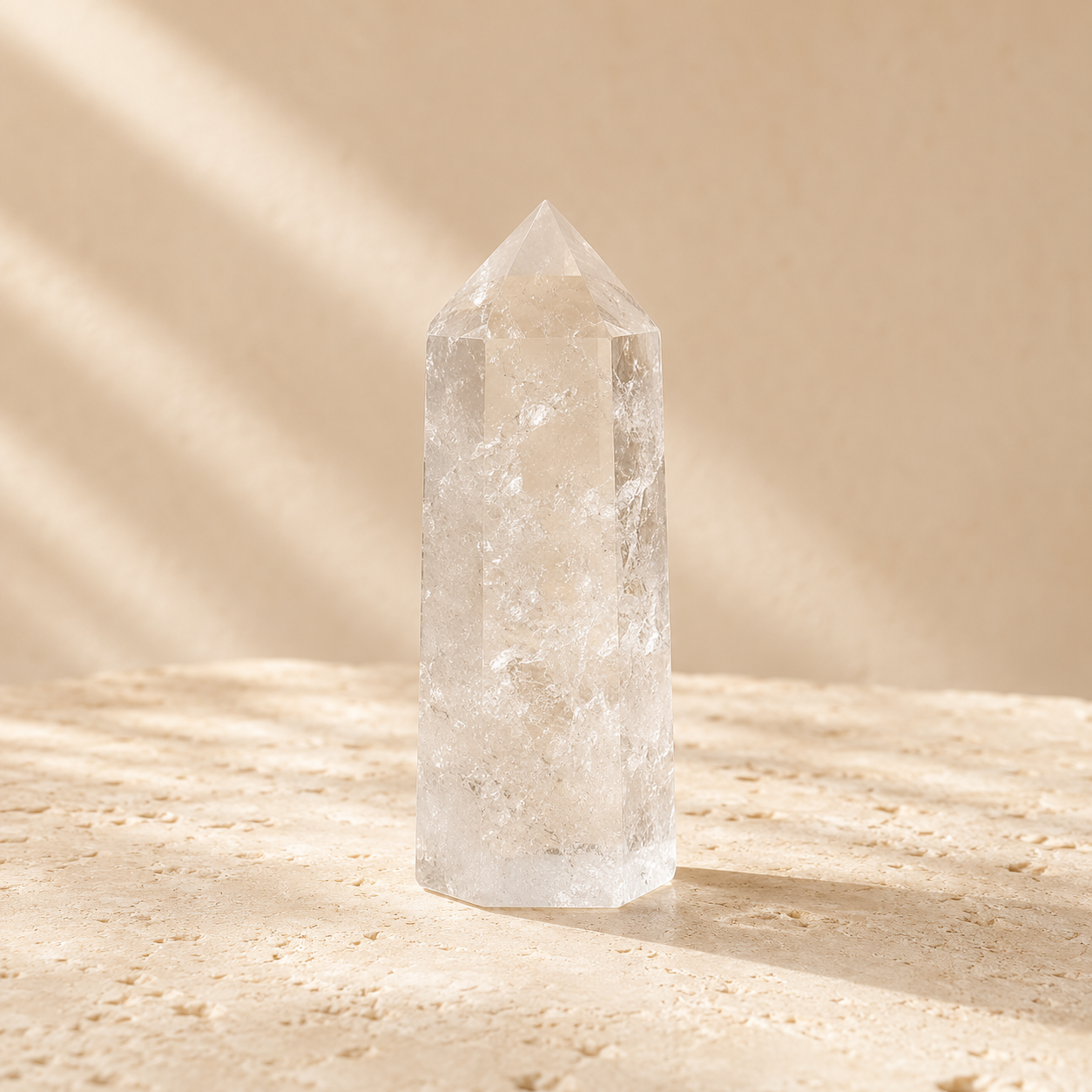 Natural clear quartz crystal tower on warm ivory limestone