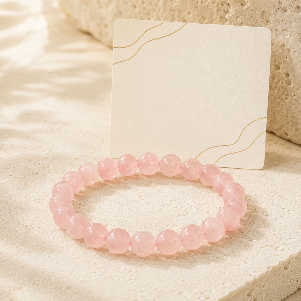 Rose quartz bracelet with ivory meaning card on warm limestone