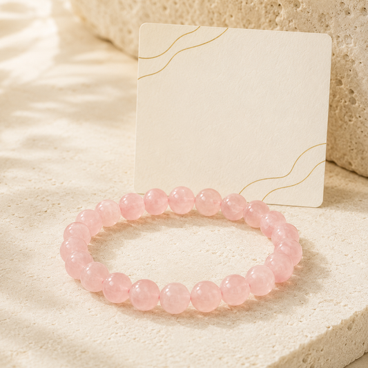 Rose quartz bracelet with ivory meaning card on warm limestone