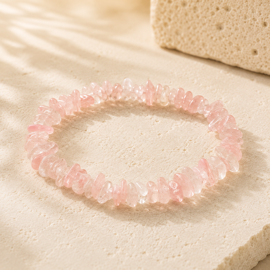 Pink natural crystal chip stretch bracelet on warm ivory limestone