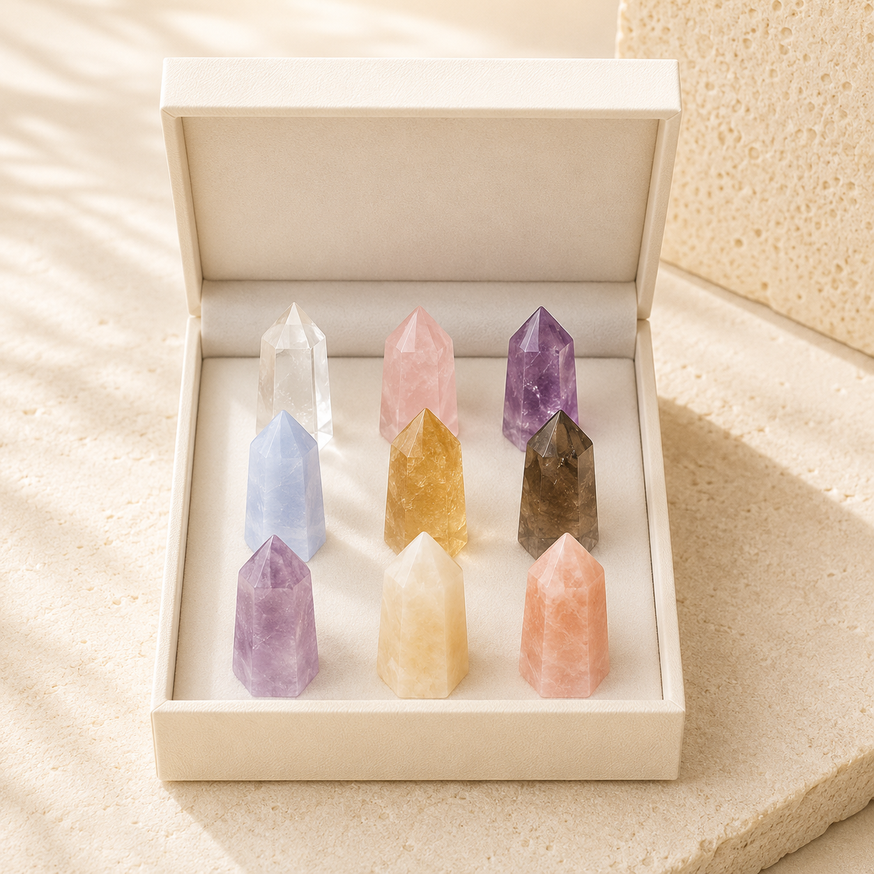 Assorted natural crystal tower collection in an ivory presentation box