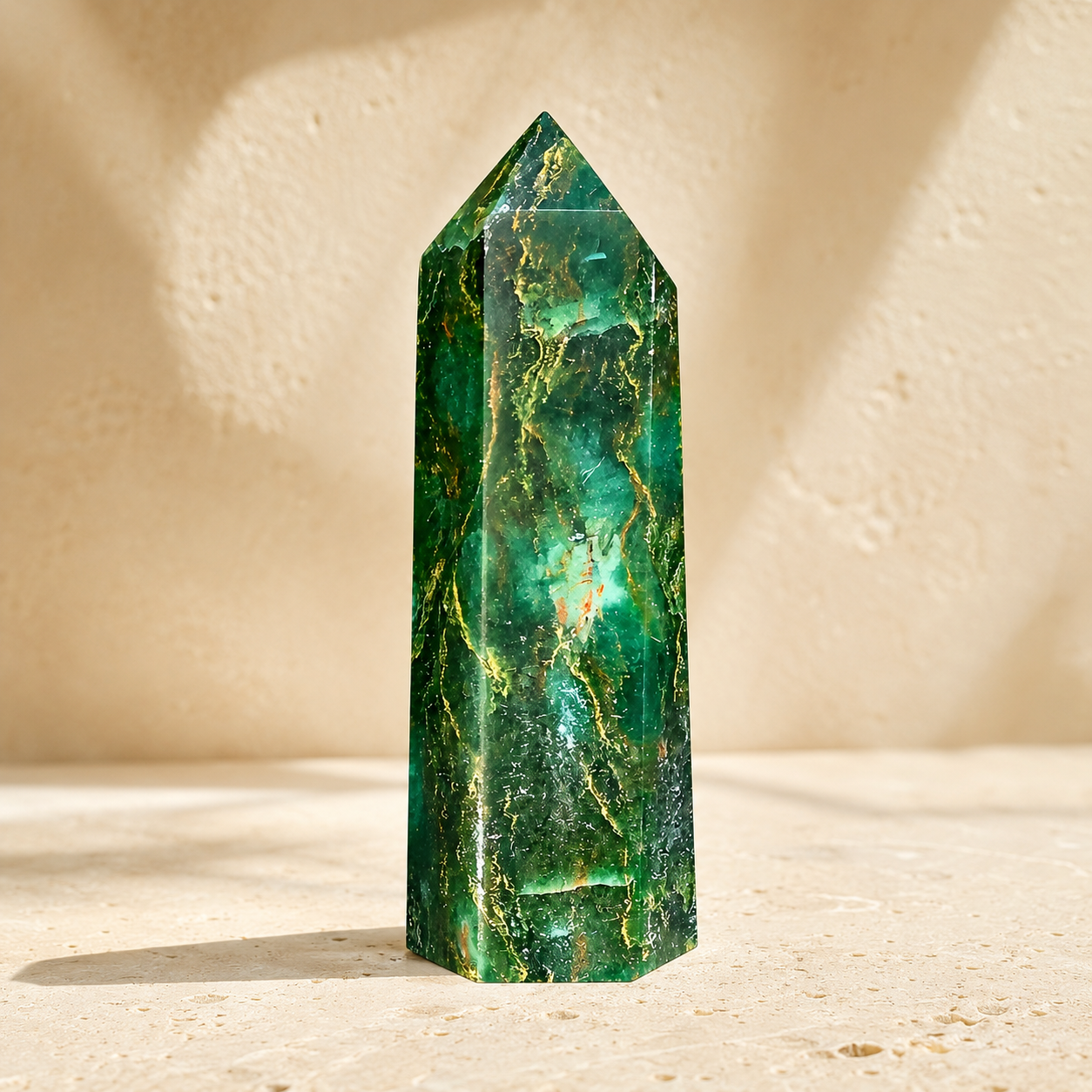 Natural emerald crystal tower on warm ivory limestone