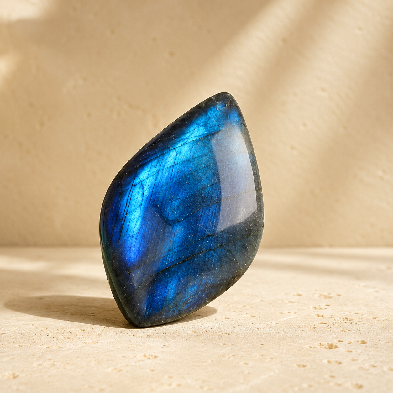 Natural labradorite display stone with blue flash on warm ivory limestone