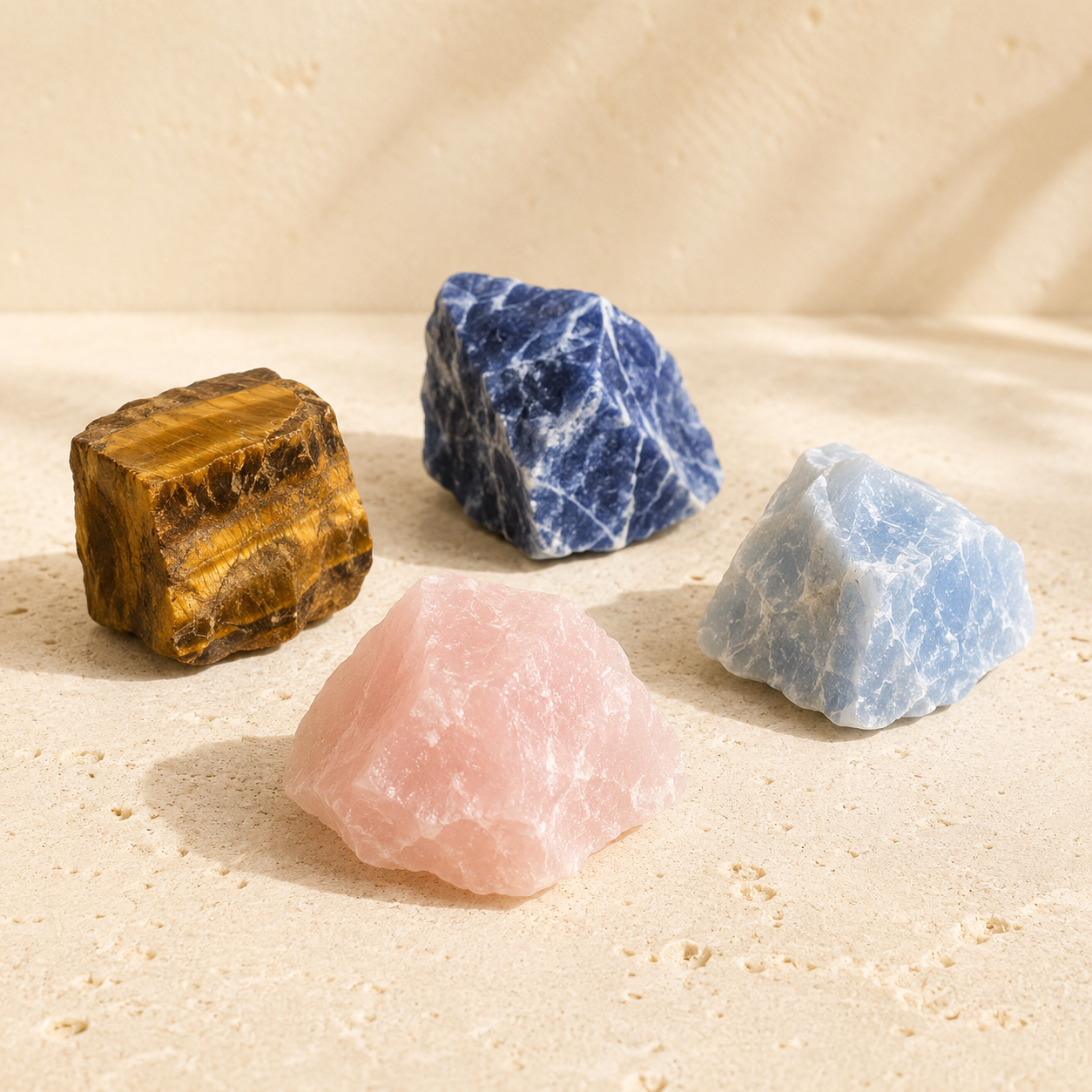 Curated natural raw crystal stone selection on warm ivory limestone