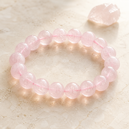 Natural rose quartz bead bracelet on warm ivory stone