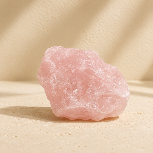 Natural rose quartz raw crystal on warm ivory limestone