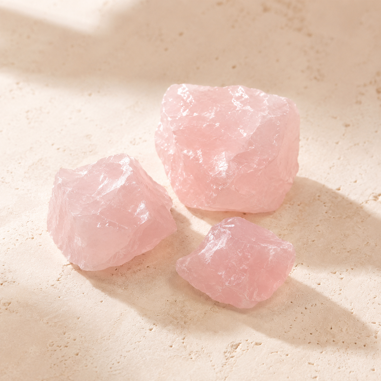 Three natural raw rose quartz stones on warm ivory limestone