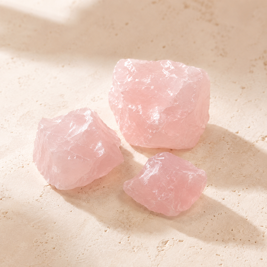 Three natural raw rose quartz stones on warm ivory limestone