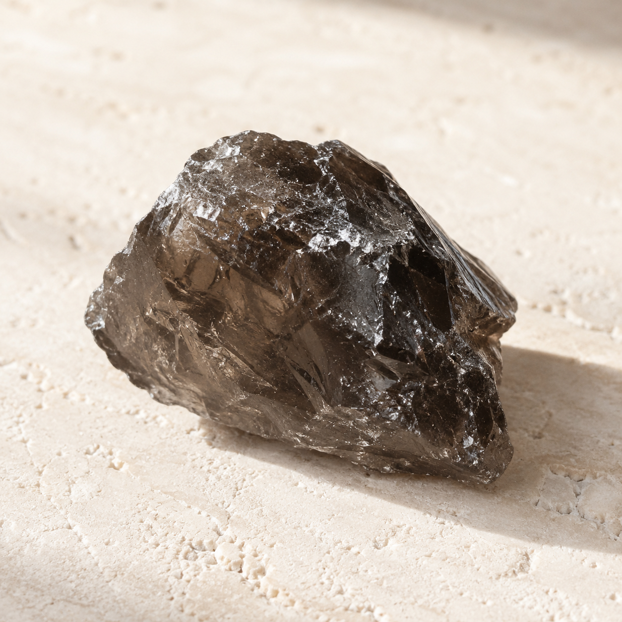 Natural raw smoky quartz crystal on warm ivory limestone