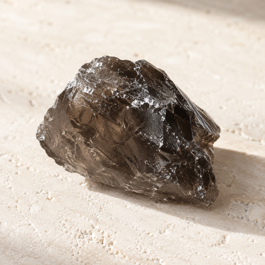 Natural raw smoky quartz crystal on warm ivory limestone