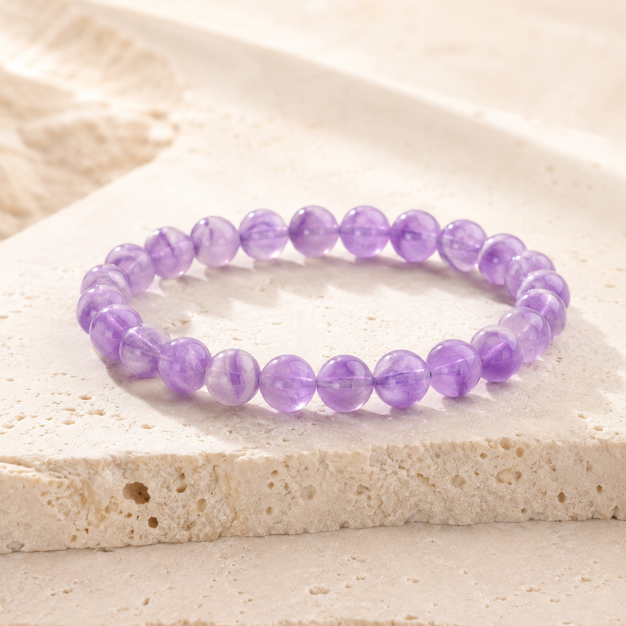 Natural amethyst round bead bracelet on warm ivory limestone