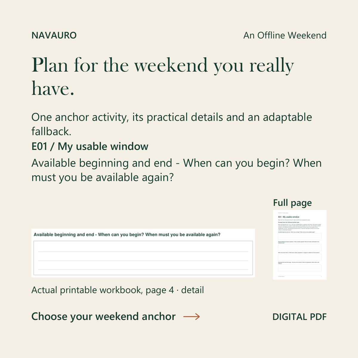 NAVAURO An Offline Weekend: exact first workbook prompt with its complete blank response area and full-page context, printable page4. Digital PDF.