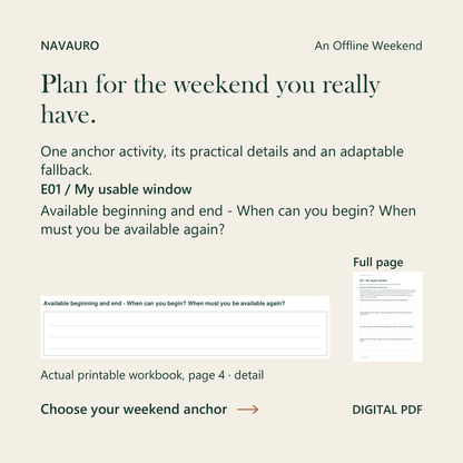 NAVAURO An Offline Weekend: exact first workbook prompt with its complete blank response area and full-page context, printable page4. Digital PDF.