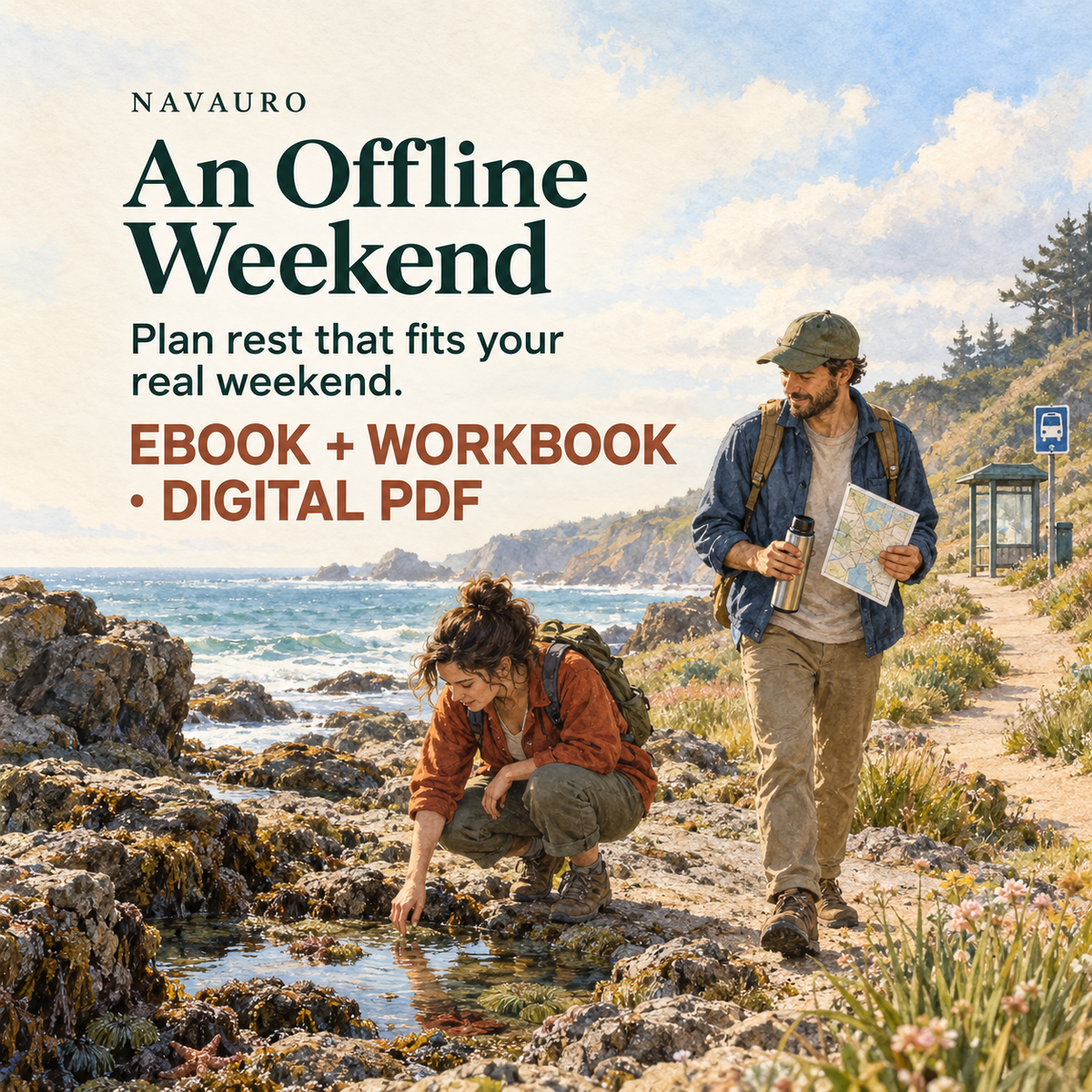 NAVAURO An Offline Weekend digital ebook and workbook — two walkers pause at a coastal tide pool with a map and thermos.