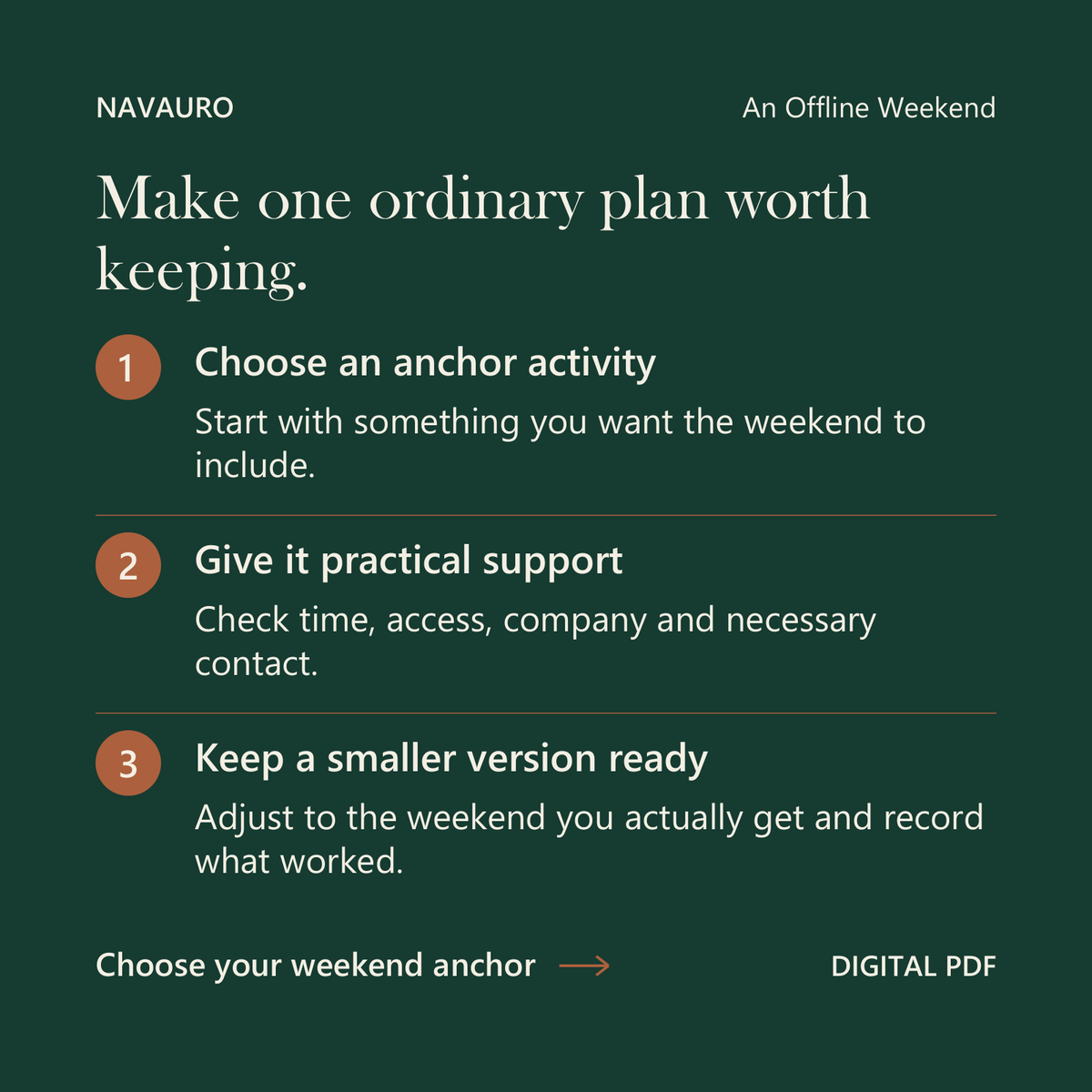 NAVAURO An Offline Weekend: Make one ordinary plan worth keeping. Digital PDF.