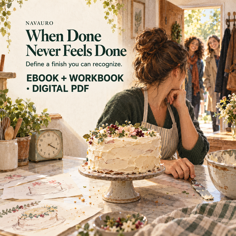 NAVAURO When Done Never Feels Done digital ebook and workbook — a baker sets down the knife beside a human, finished celebration cake.