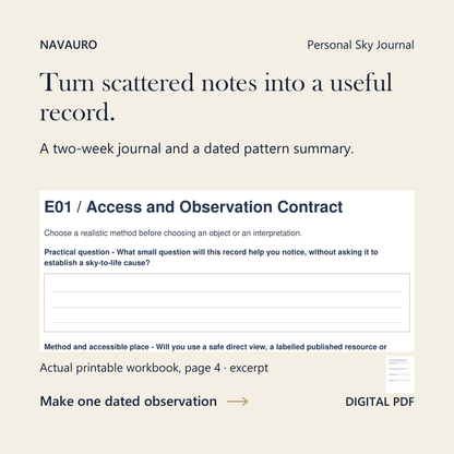 NAVAURO Personal Sky Journal: actual printable workbook page 4 excerpt and complete-page companion. Digital PDF.