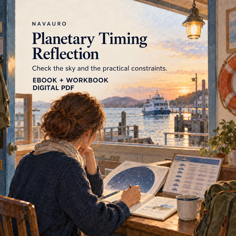 NAVAURO Planetary Timing Reflection digital ebook and workbook; illustrative lifestyle scene, no physical item included.