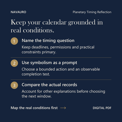 NAVAURO Planetary Timing Reflection: Keep your calendar grounded in real conditions. Digital PDF.
