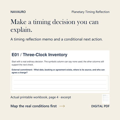 NAVAURO Planetary Timing Reflection: actual printable workbook page 4 excerpt and complete-page companion. Digital PDF.