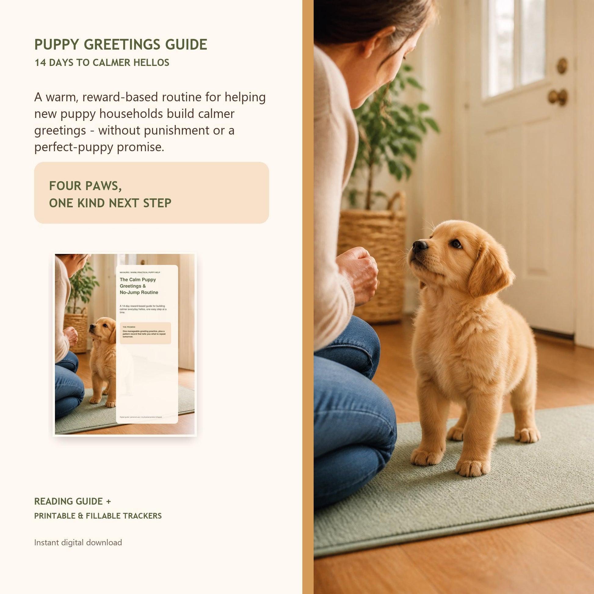 NAVAURO Puppy No Jump Training Guide, 14 Day Calm Greetings Routine, Printable Fillable PDF — Etsy listing cover