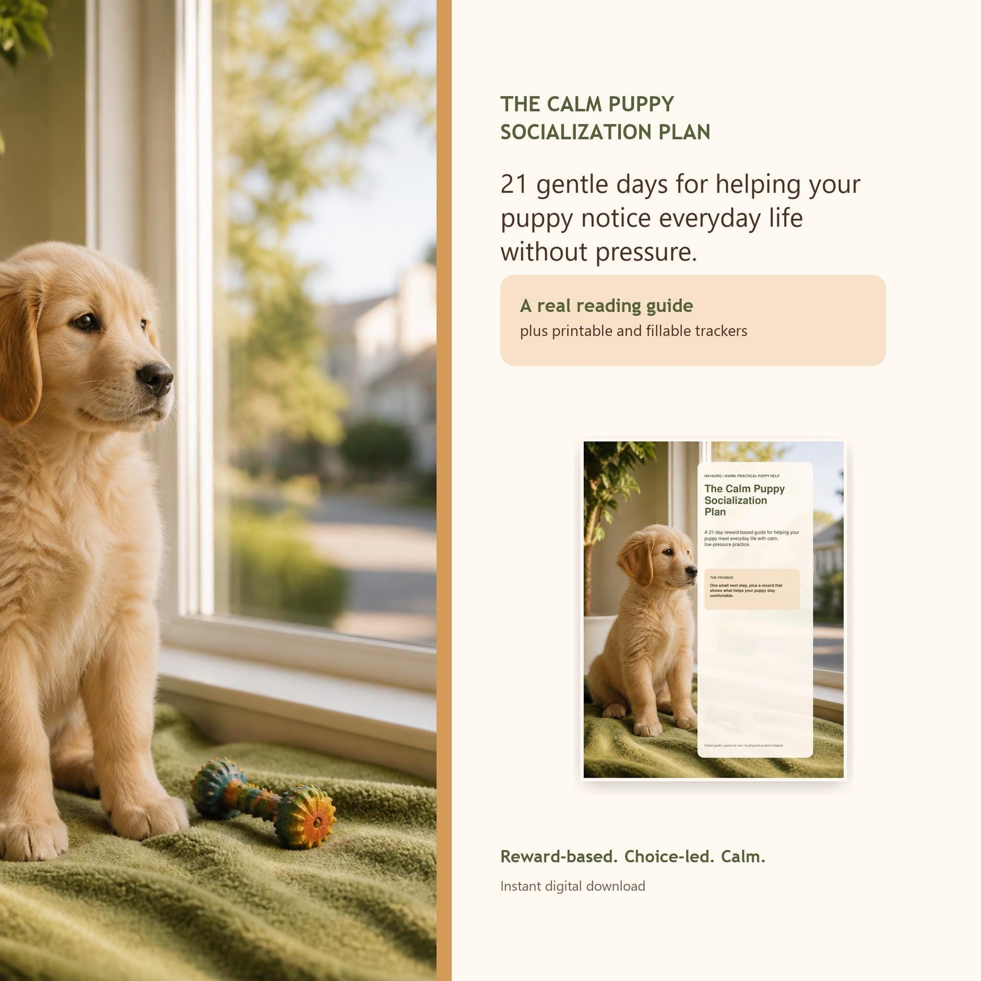 NAVAURO Puppy Socialization Guide | 21-Day Calm Exposure Tracker Printable PDF — Etsy listing cover