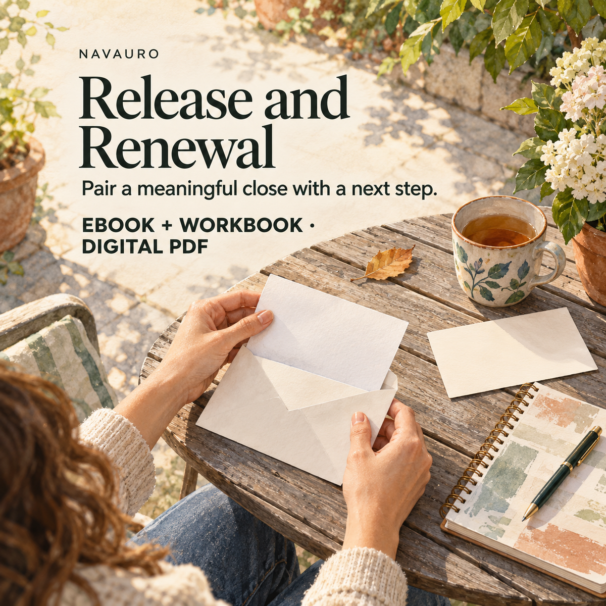 NAVAURO Release and Renewal Rituals digital ebook and workbook; illustrative lifestyle scene, no physical item included.