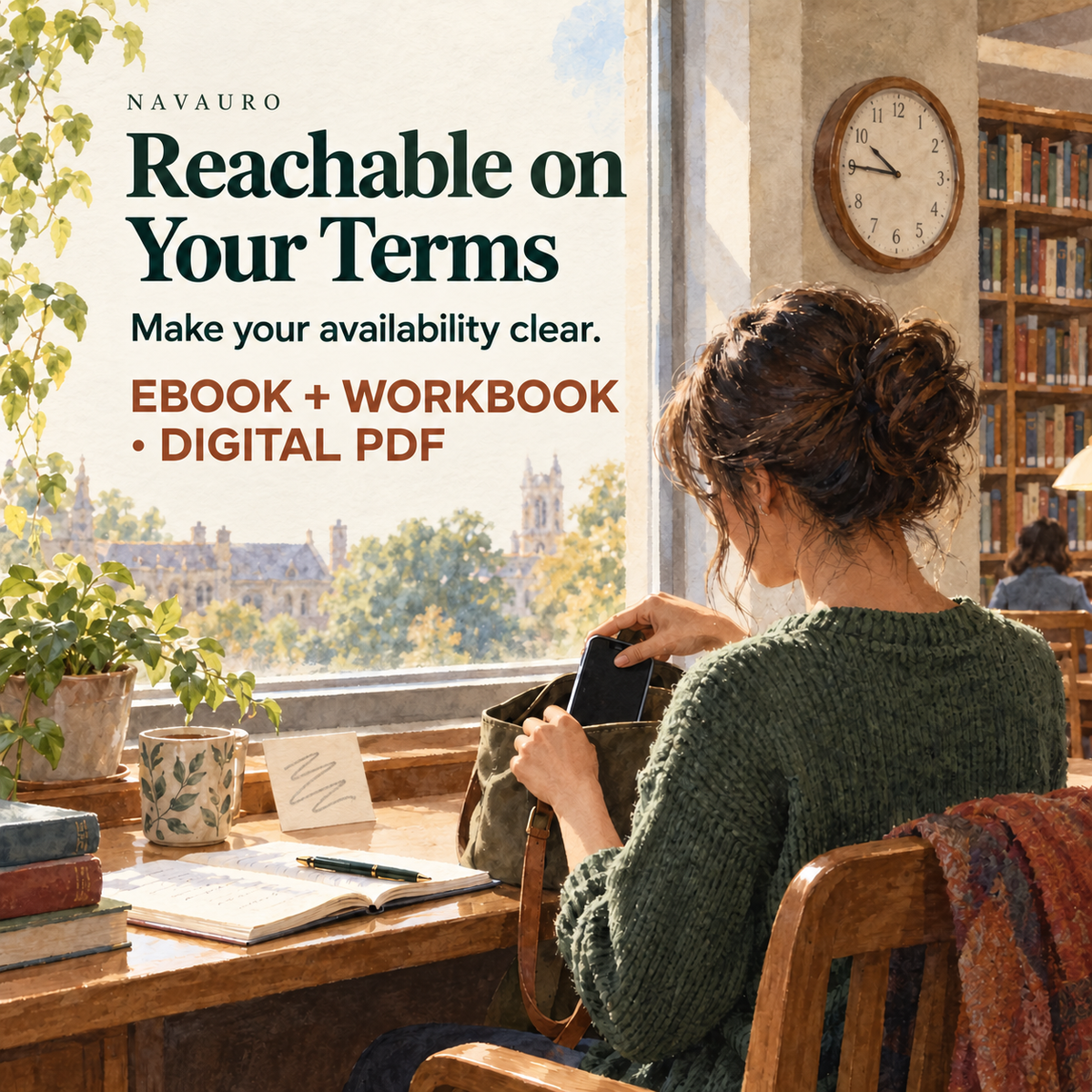 NAVAURO Reachable on Your Terms — illustrated product-specific scene for a digital ebook and workbook; illustrative props are not shipped.