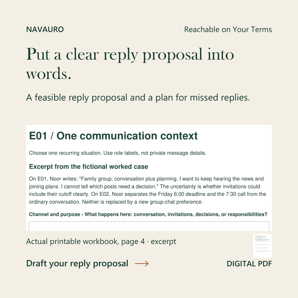 Actual printable workbook-page preview for Reply Expectations - Reachable on Your Terms — Guided Ebook + Printable &amp; Fillable Workbook
