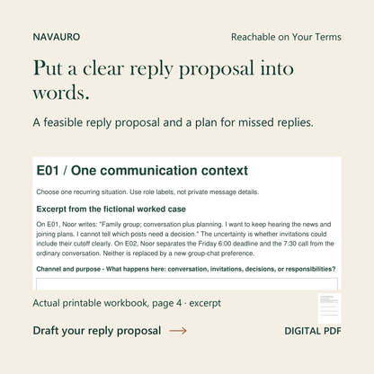 NAVAURO Reachable on Your Terms: actual printable workbook page 4 excerpt and complete-page companion. Digital PDF.