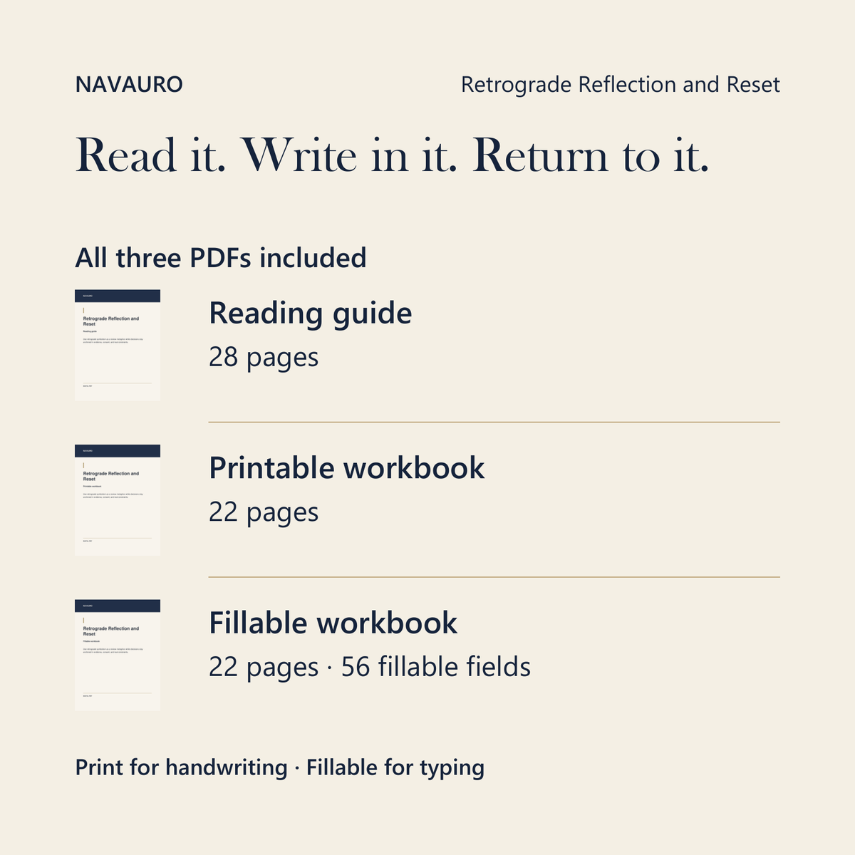NAVAURO Retrograde Reflection and Reset: all three PDFs included; 28-page reading guide, 22-page printable workbook and 22-page fillable workbook with 56 fields.