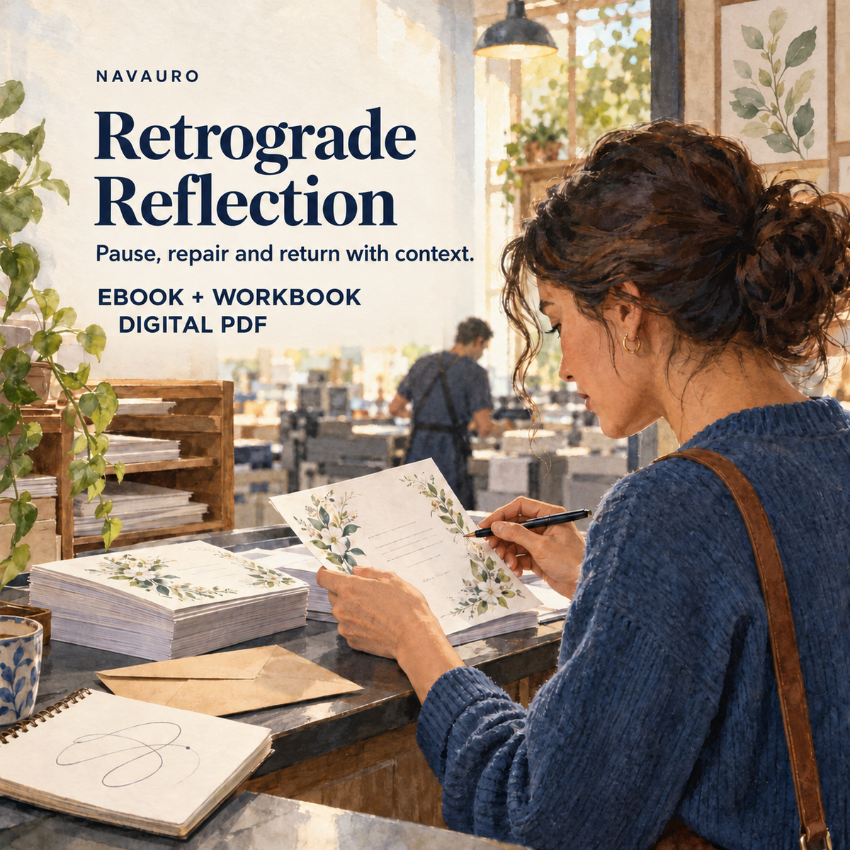 NAVAURO Retrograde Reflection and Reset digital ebook and workbook; illustrative lifestyle scene, no physical item included.