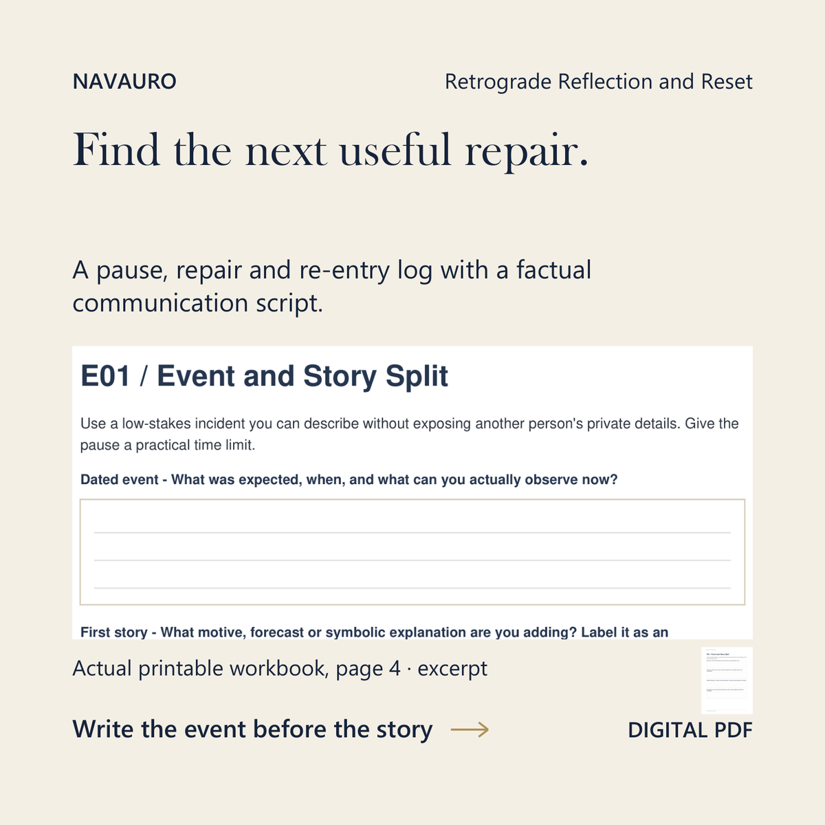 NAVAURO Retrograde Reflection and Reset: actual printable workbook page 4 excerpt and complete-page companion. Digital PDF.