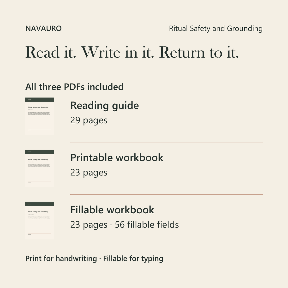 NAVAURO Ritual Safety and Grounding: all three PDFs included; 29-page reading guide, 23-page printable workbook and 23-page fillable workbook with 56 fields.