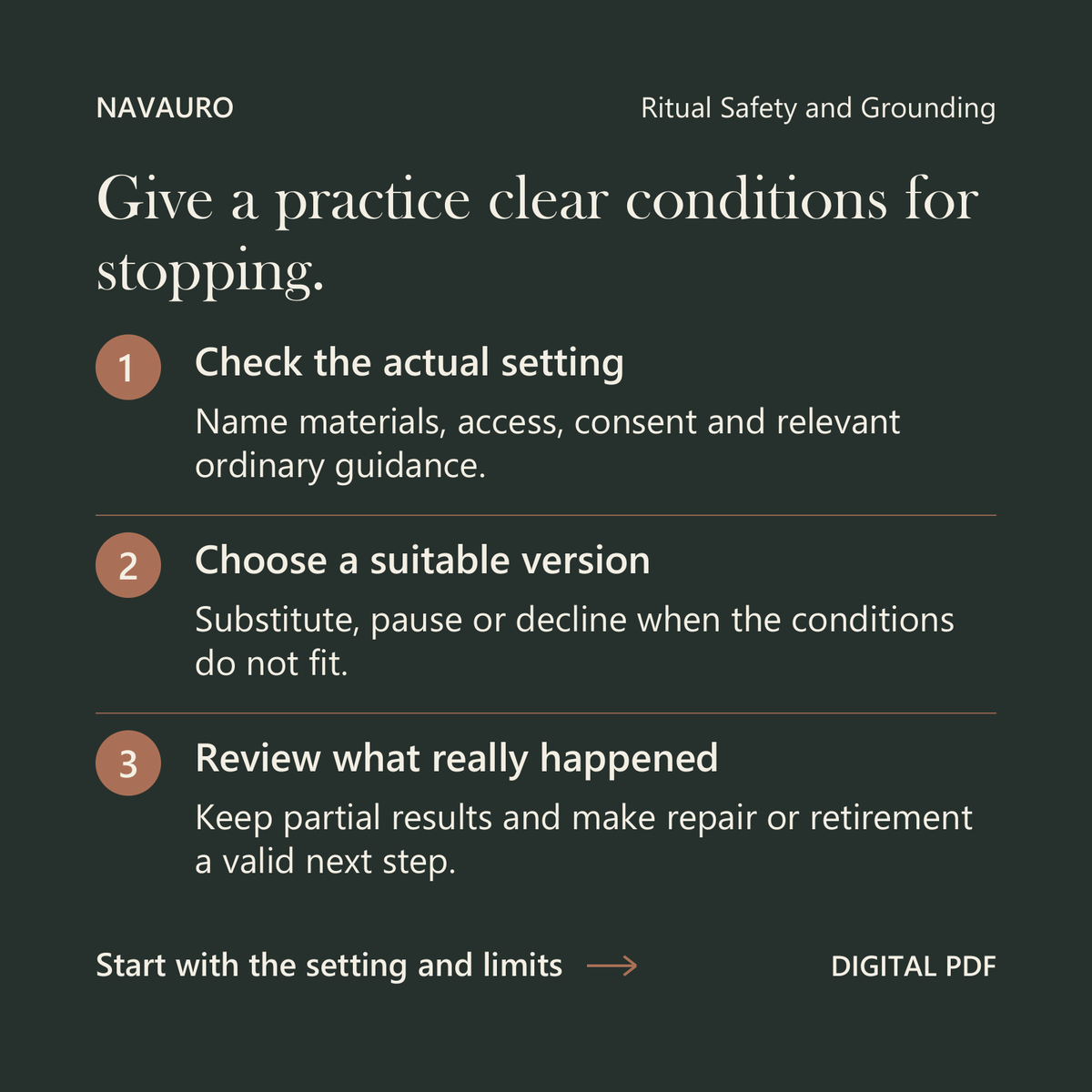 NAVAURO Ritual Safety and Grounding: Give a practice clear conditions for stopping. Digital PDF.