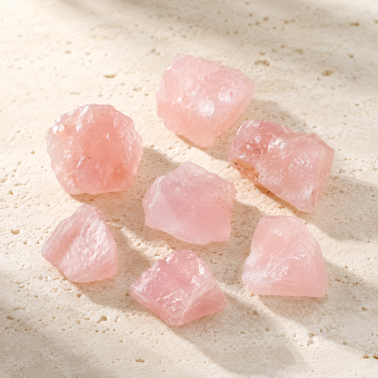 Seven natural raw rose quartz stones on warm ivory limestone