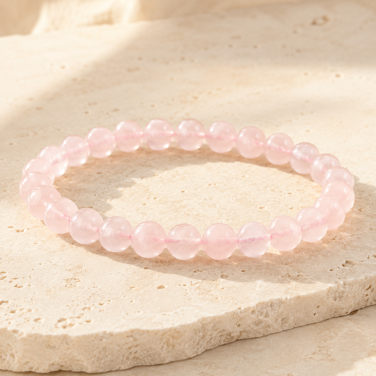 Natural rose quartz stretch bracelet on warm ivory limestone