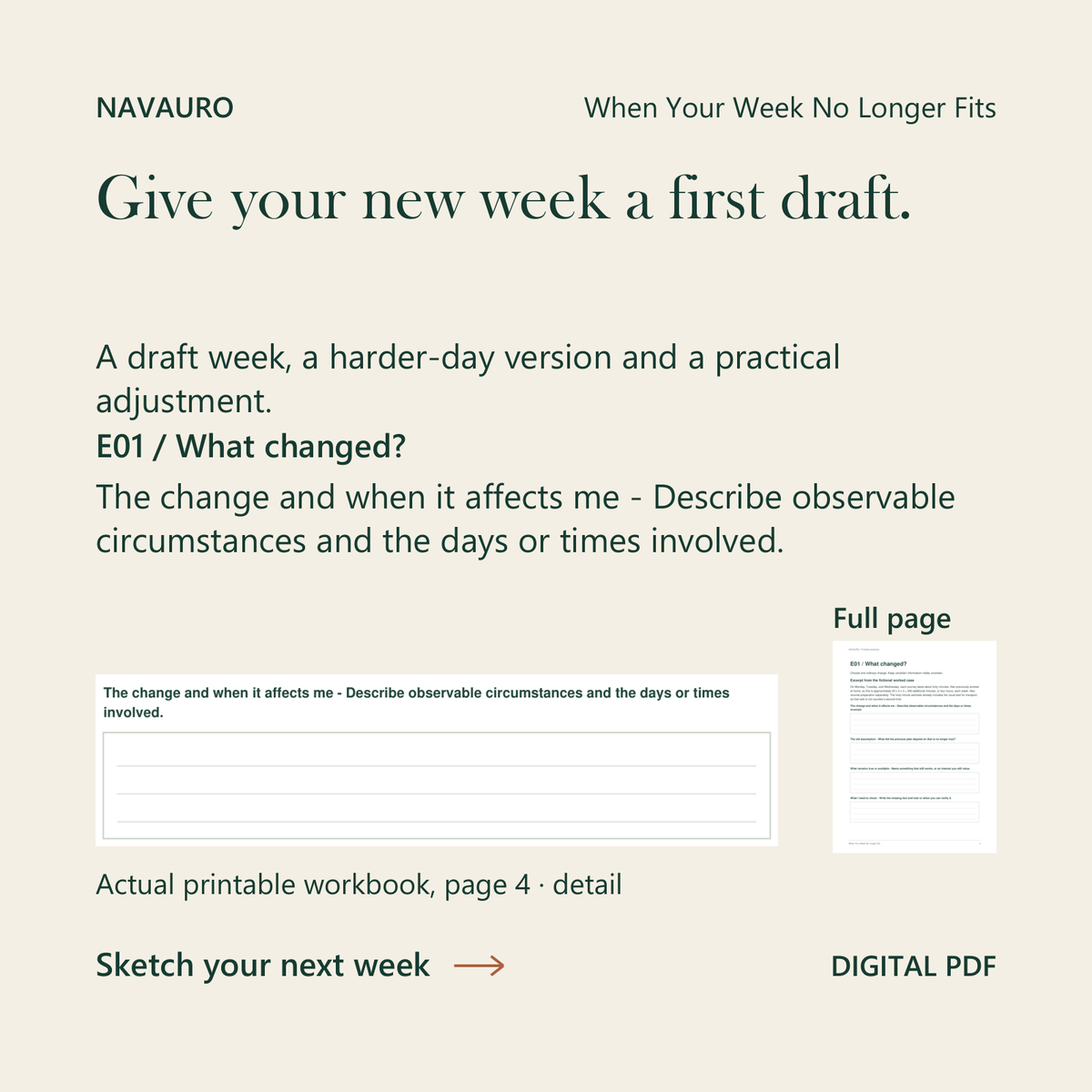 NAVAURO When Your Week No Longer Fits: exact first workbook prompt with its complete blank response area and full-page context, printable page4. Digital PDF.