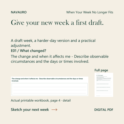 NAVAURO When Your Week No Longer Fits: exact first workbook prompt with its complete blank response area and full-page context, printable page4. Digital PDF.