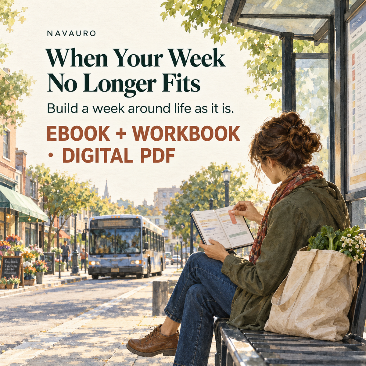 NAVAURO When Your Week No Longer Fits — illustrated product-specific scene for a digital ebook and workbook; illustrative props are not shipped.