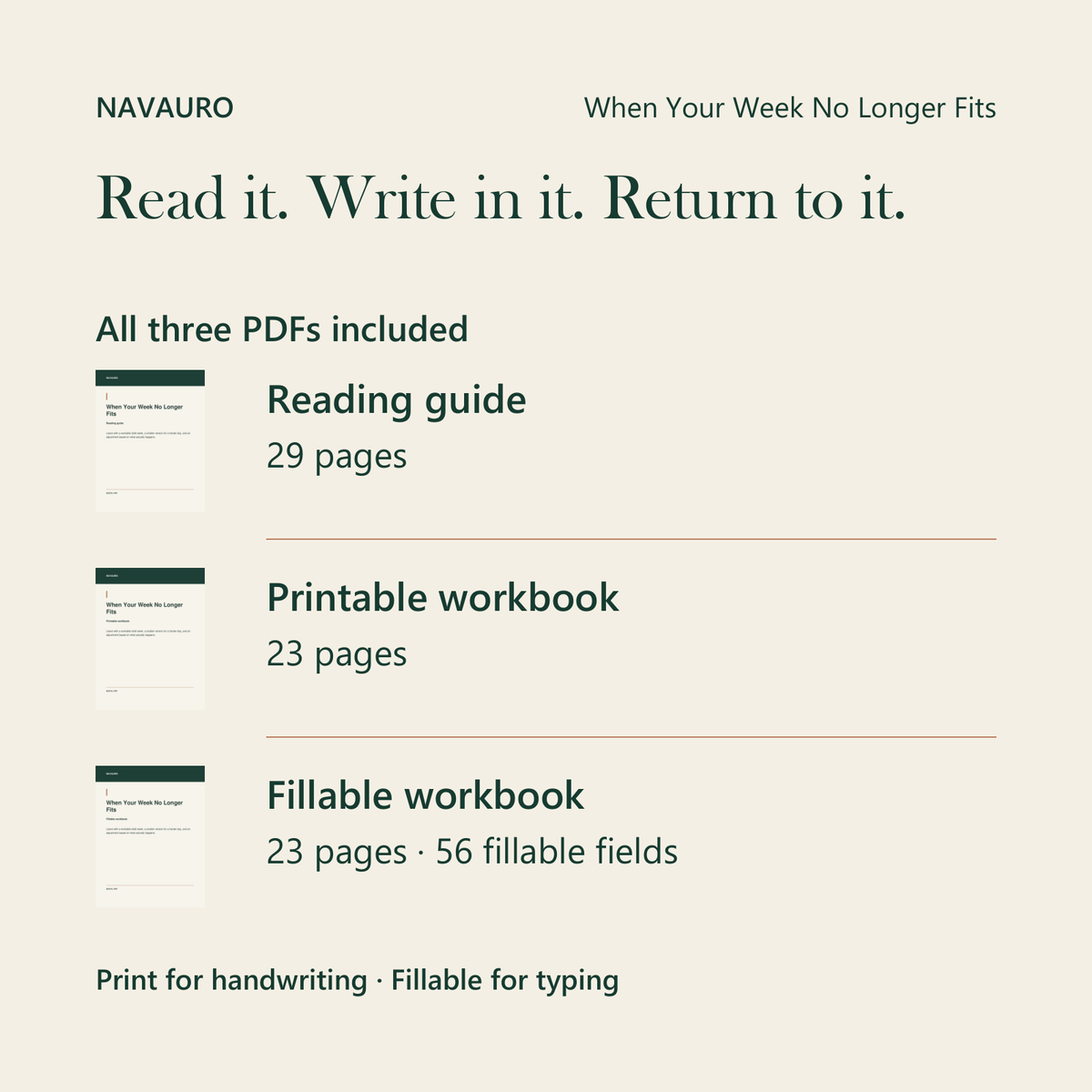 NAVAURO When Your Week No Longer Fits: all three PDFs included; 29-page reading guide, 23-page printable workbook and 23-page fillable workbook with 56 fields.