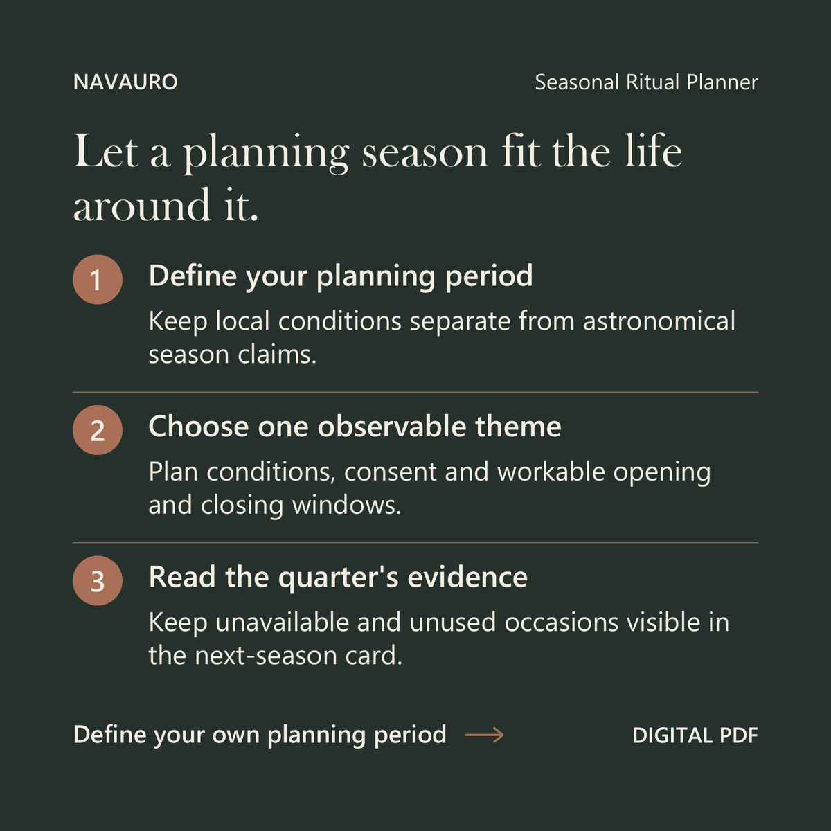 NAVAURO Seasonal Ritual Planner: Let a planning season fit the life around it. Digital PDF.