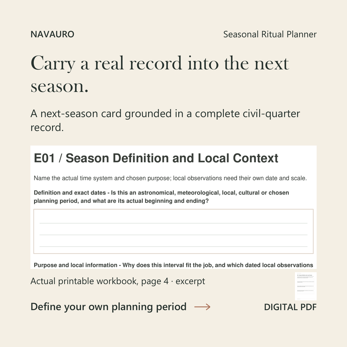 Actual printable workbook-page preview for Seasonal Ritual Planner