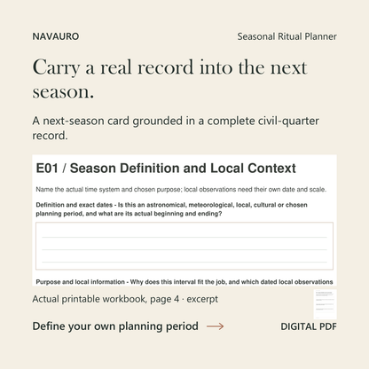 NAVAURO Seasonal Ritual Planner: actual printable workbook page 4 excerpt and complete-page companion. Digital PDF.