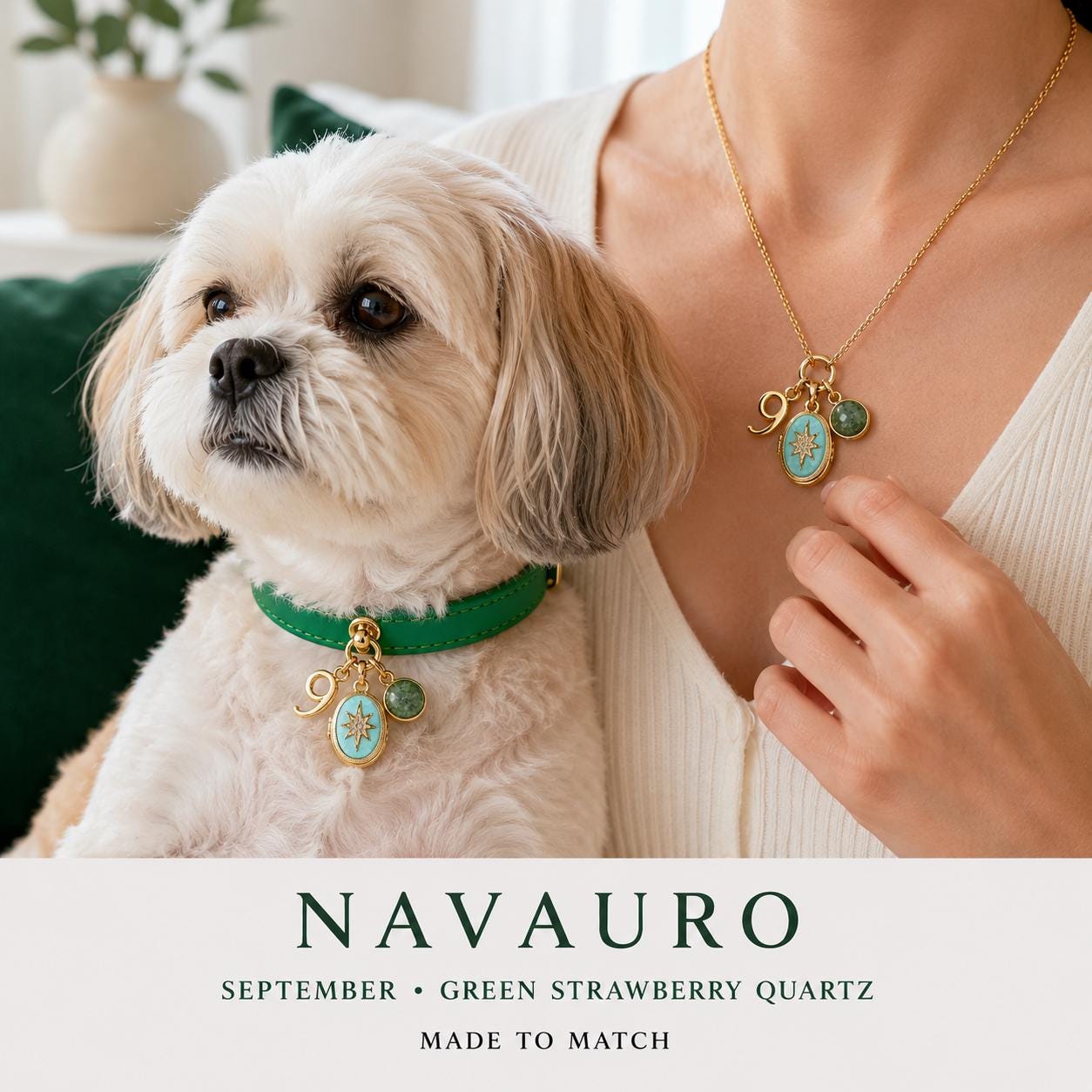 NAVAURO Matching Dog Collar & Owner Necklace Set | Green Strawberry Quartz Charm — Etsy listing hero image