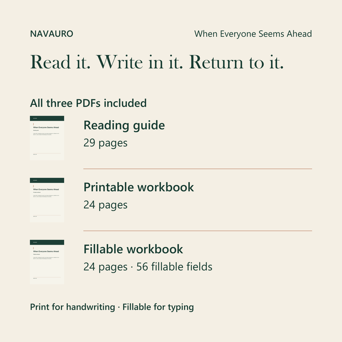 NAVAURO When Everyone Seems Ahead: all three PDFs included; 29-page reading guide, 24-page printable workbook and 24-page fillable workbook with 56 fields.