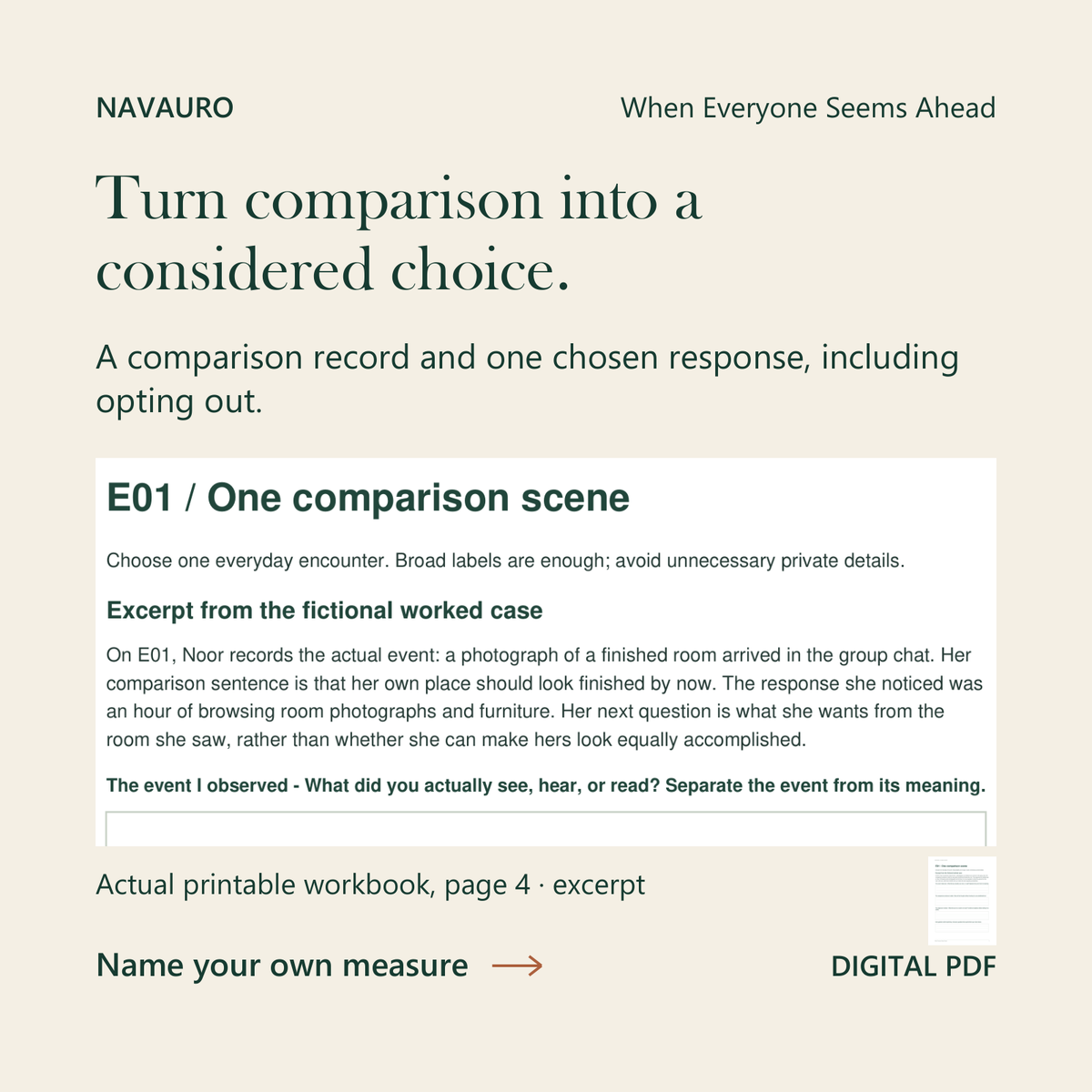 Actual printable workbook-page preview for Social Comparison - When Everyone Seems Ahead — Guided Ebook + Printable &amp; Fillable Workbook