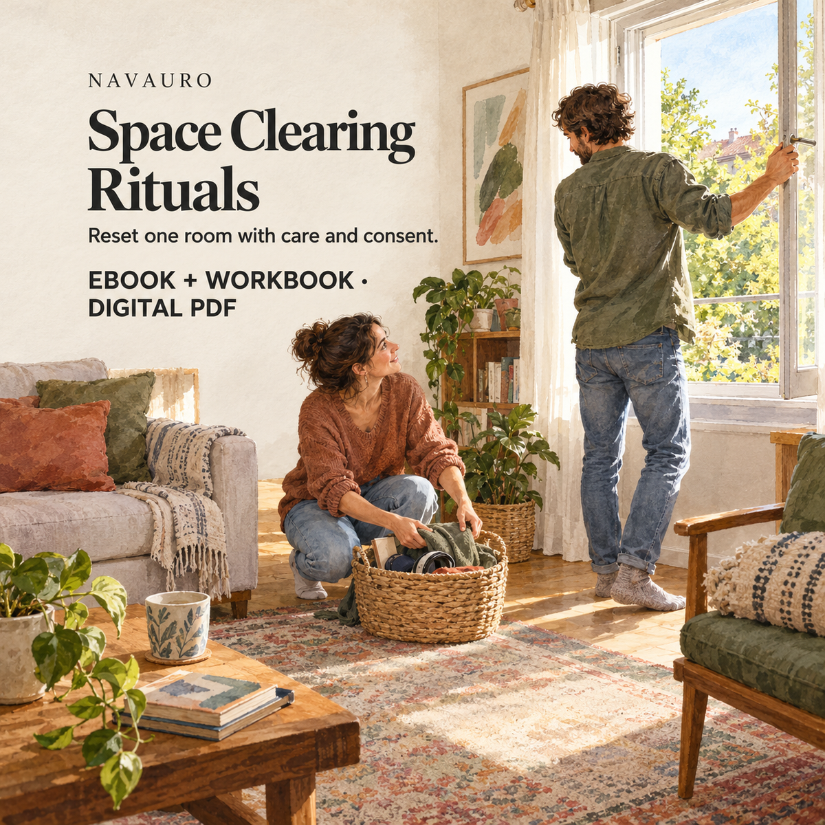 NAVAURO Space Clearing Rituals digital ebook and workbook; illustrative lifestyle scene, no physical item included.
