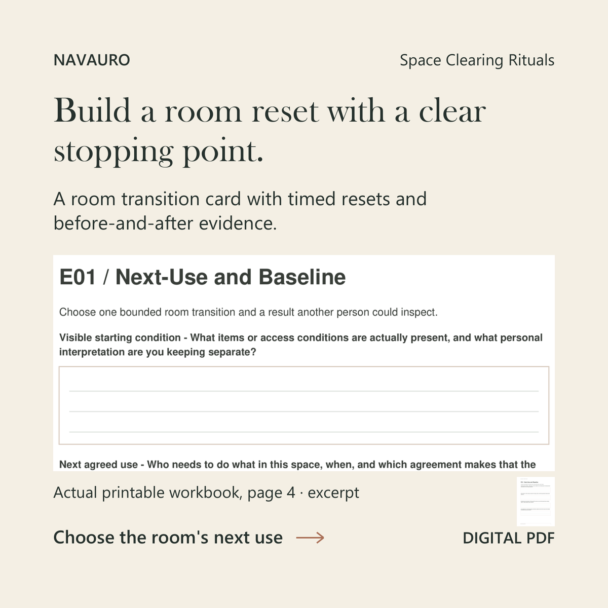 NAVAURO Space Clearing Rituals: actual printable workbook page 4 excerpt and complete-page companion. Digital PDF.