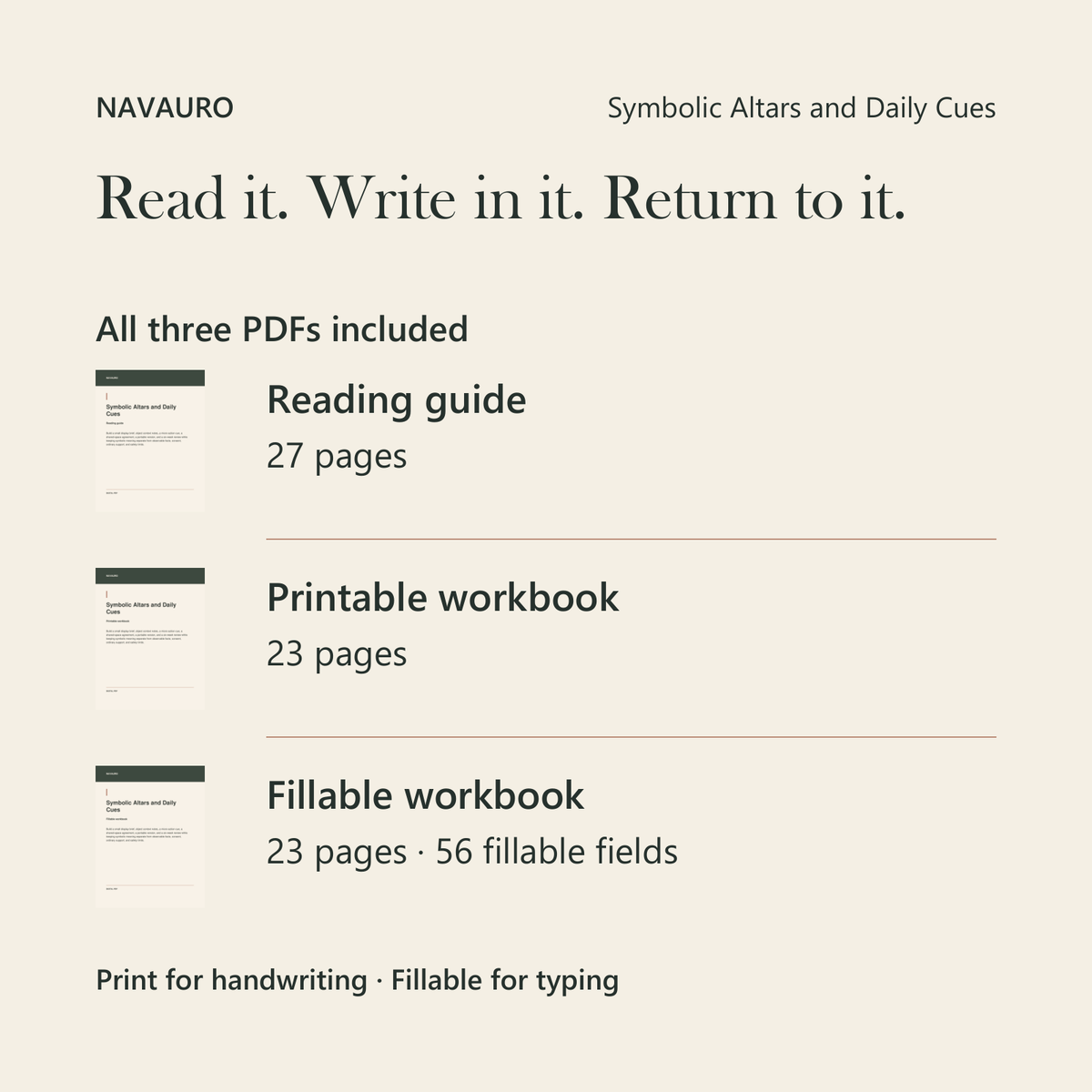 NAVAURO Symbolic Altars and Daily Cues: all three PDFs included; 27-page reading guide, 23-page printable workbook and 23-page fillable workbook with 56 fields.